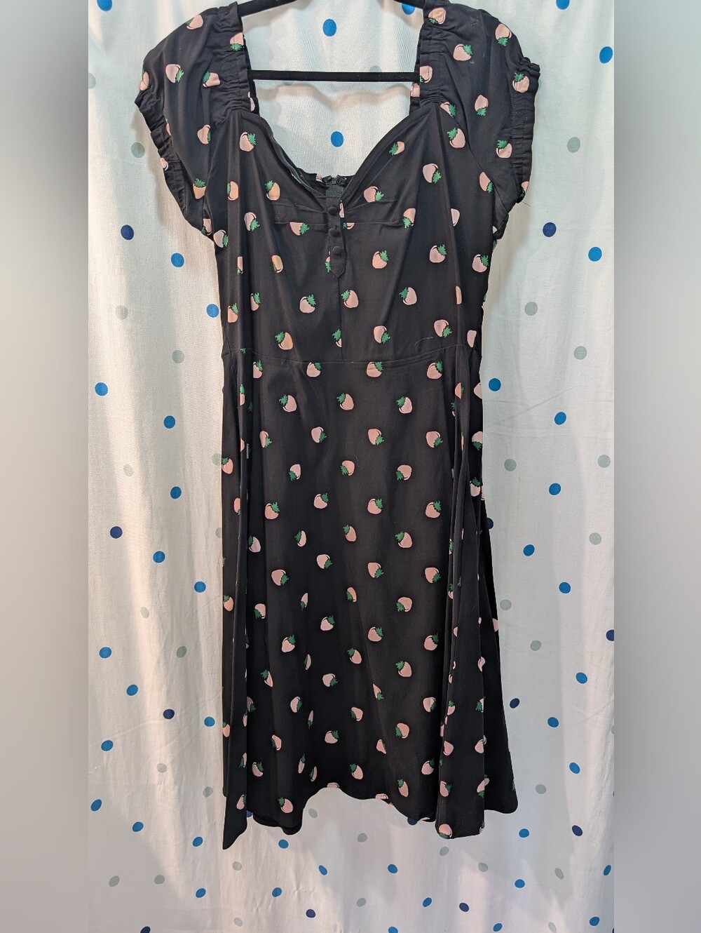 Unique Vintage Black Midi Dress with Pink Strawberry Print